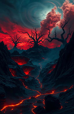 A surreal and dark landscape depicting a descent into hell, featuring jagged rocky terrain, deep craters emitting ominous red glow, and swirling clouds of smoke and ash