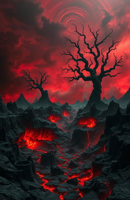 A surreal and dark landscape depicting a descent into hell, featuring jagged rocky terrain, deep craters emitting ominous red glow, and swirling clouds of smoke and ash