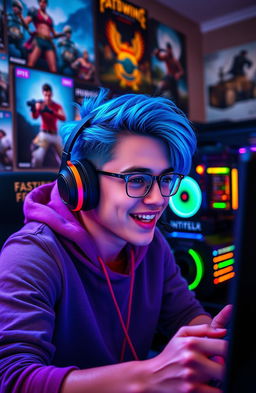 A charismatic young man with vibrant blue hair, passionately playing video games in a trendy gaming setup adorned with colorful LED lights