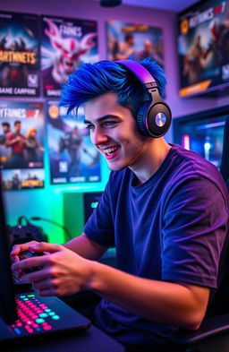 A charismatic young man with vibrant blue hair, passionately playing video games in a trendy gaming setup adorned with colorful LED lights