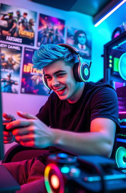 A charismatic young man with vibrant blue hair, passionately playing video games in a trendy gaming setup adorned with colorful LED lights