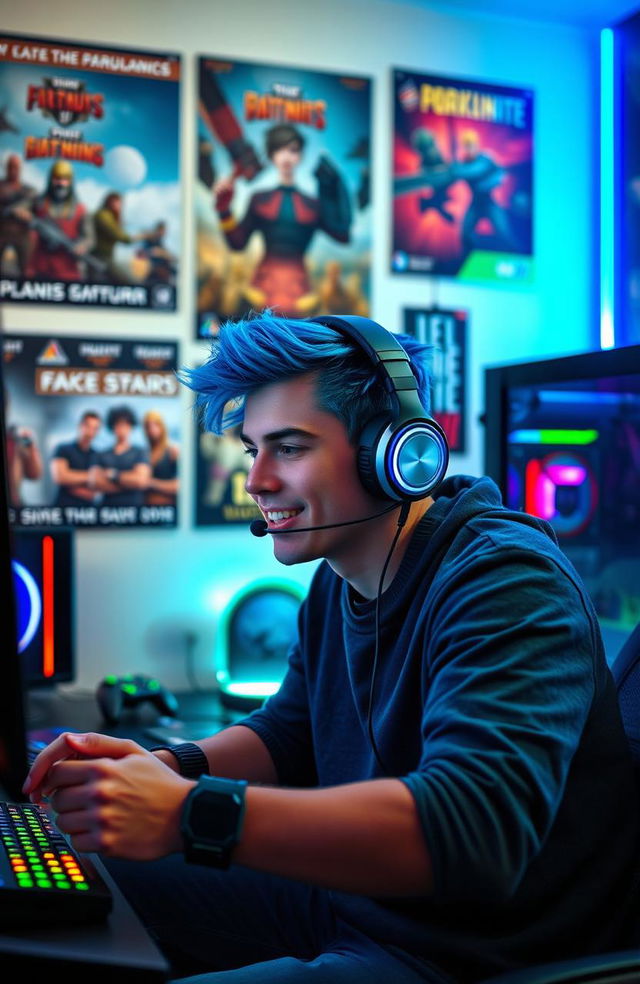 A charismatic young man with vibrant blue hair, passionately playing video games in a trendy gaming setup adorned with colorful LED lights