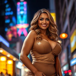 A stunningly beautiful woman with a curvy figure, featuring large, prominent breasts