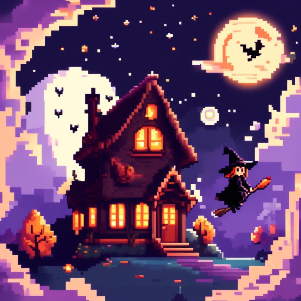 Pixel art PFP featuring a haunted house, a full moon, and a witch flying on a broomstick against a starry night sky.