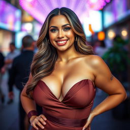 A stunningly beautiful woman with a curvy figure, featuring large, prominent breasts