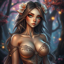 A fantastical creature resembling a beautiful woman with exaggerated features, including large, prominent breasts and captivating, enchanting eyes