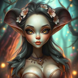 A fantastical creature resembling a beautiful woman with exaggerated features, including large, prominent breasts and captivating, enchanting eyes