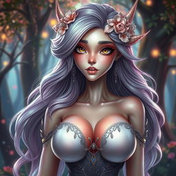 A fantastical creature resembling a beautiful woman with exaggerated features, including large, prominent breasts and captivating, enchanting eyes