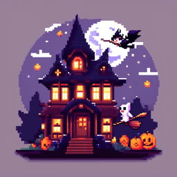 Pixel art PFP featuring a haunted house, a full moon, and a witch flying on a broomstick against a starry night sky.