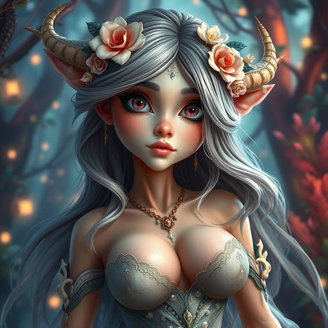 A fantastical creature resembling a beautiful woman with exaggerated features, including large, prominent breasts and captivating, enchanting eyes