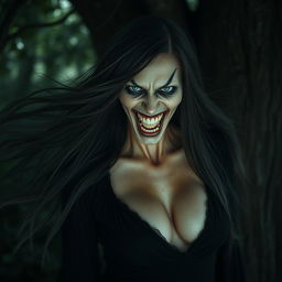 A terrifying female ghost from Thailand, with a frightening facial expression and a sinister grin