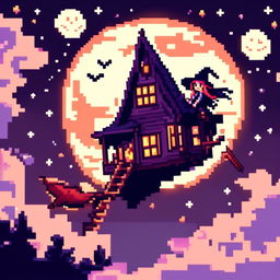 Pixel art PFP featuring a haunted house, a full moon, and a witch flying on a broomstick against a starry night sky.