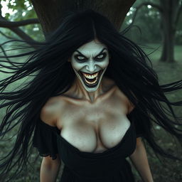 A terrifying female ghost from Thailand, with a frightening facial expression and a sinister grin
