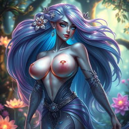 A fantastical creature resembling a stunningly beautiful woman with exaggerated features, including large, prominent breasts