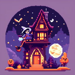 Pixel art PFP featuring a haunted house, a full moon, and a witch flying on a broomstick against a starry night sky.