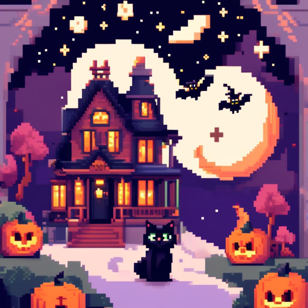 A Halloween-themed pixel art PFP featuring a haunted mansion, a black cat on the porch, a starry night sky with a full moon, and a witch flying across the moon