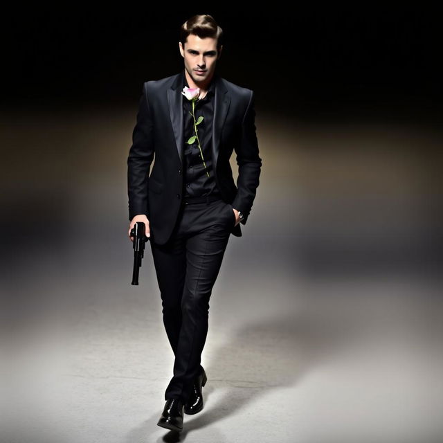 A man confidently striding towards the camera, wearing a sleek black suit, black pants, and polished black shoes