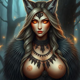 A beautiful wolf spirit, resembling an enchanting woman with striking features, including large, prominent breasts