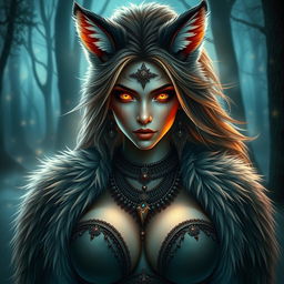 A beautiful wolf spirit, resembling an enchanting woman with striking features, including large, prominent breasts