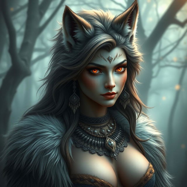 A beautiful wolf spirit, resembling an enchanting woman with striking features, including large, prominent breasts