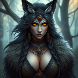 A beautiful wolf spirit, resembling an enchanting woman with striking features, including large, prominent breasts
