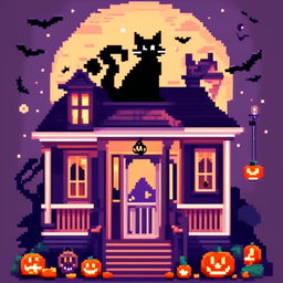 A Halloween-themed pixel art PFP featuring a haunted mansion, a black cat on the porch, a starry night sky with a full moon, and a witch flying across the moon