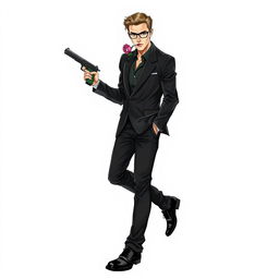 A hand-drawn illustration of a man confidently striding towards the viewer, dressed in a stylish black suit, black pants, and shiny black shoes