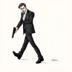 A hand-drawn illustration of a man confidently striding towards the viewer, dressed in a stylish black suit, black pants, and shiny black shoes