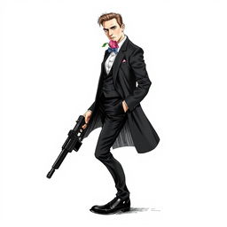 A hand-drawn illustration of a man confidently striding towards the viewer, dressed in a stylish black suit, black pants, and shiny black shoes