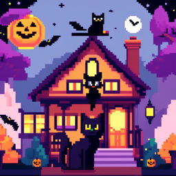 A Halloween-themed pixel art PFP featuring a haunted mansion, a black cat on the porch, a starry night sky with a full moon, and a witch flying across the moon