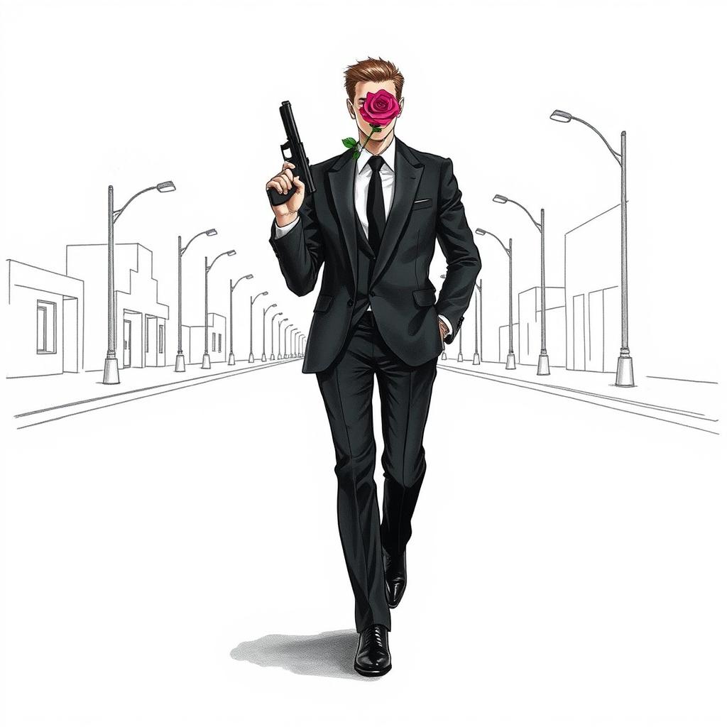 A hand-drawn illustration of a man walking towards the viewer along an empty street, dressed in a sophisticated black suit, black pants, and sleek black shoes