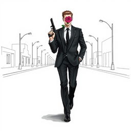 A hand-drawn illustration of a man walking towards the viewer along an empty street, dressed in a sophisticated black suit, black pants, and sleek black shoes