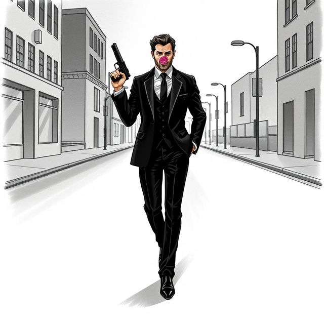 A hand-drawn illustration of a man walking towards the viewer along an empty street, dressed in a sophisticated black suit, black pants, and sleek black shoes