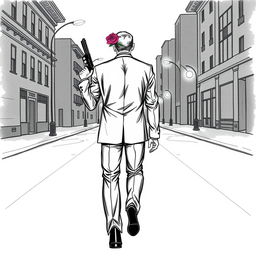 A hand-drawn illustration of a man walking towards the viewer along an empty street, dressed in a sophisticated black suit, black pants, and sleek black shoes