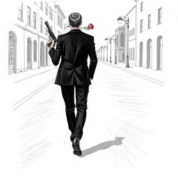 A hand-drawn illustration of a man walking towards the viewer along an empty street, dressed in a sophisticated black suit, black pants, and sleek black shoes