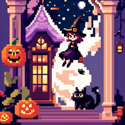 A Halloween-themed pixel art PFP featuring a haunted mansion, a black cat on the porch, a starry night sky with a full moon, and a witch flying across the moon