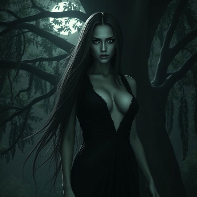 A terrifying Thai female ghost, with long, flowing hair, wearing a black dress that reveals a deep cleavage and prominently large breasts