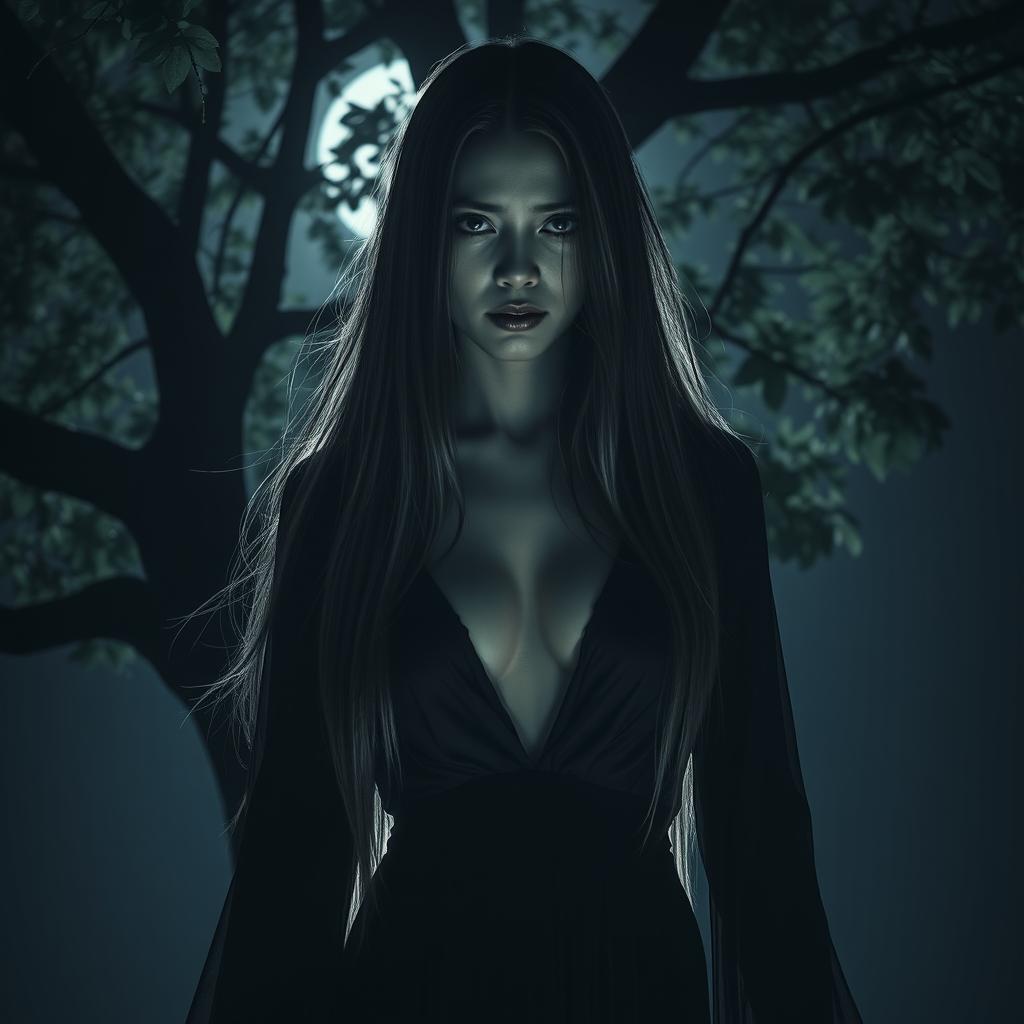 A terrifying Thai female ghost, with long, flowing hair, wearing a black dress that reveals a deep cleavage and prominently large breasts