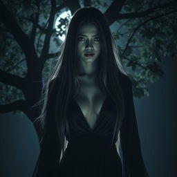 A terrifying Thai female ghost, with long, flowing hair, wearing a black dress that reveals a deep cleavage and prominently large breasts