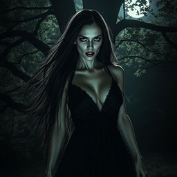 A terrifying Thai female ghost, with long, flowing hair, wearing a black dress that reveals a deep cleavage and prominently large breasts