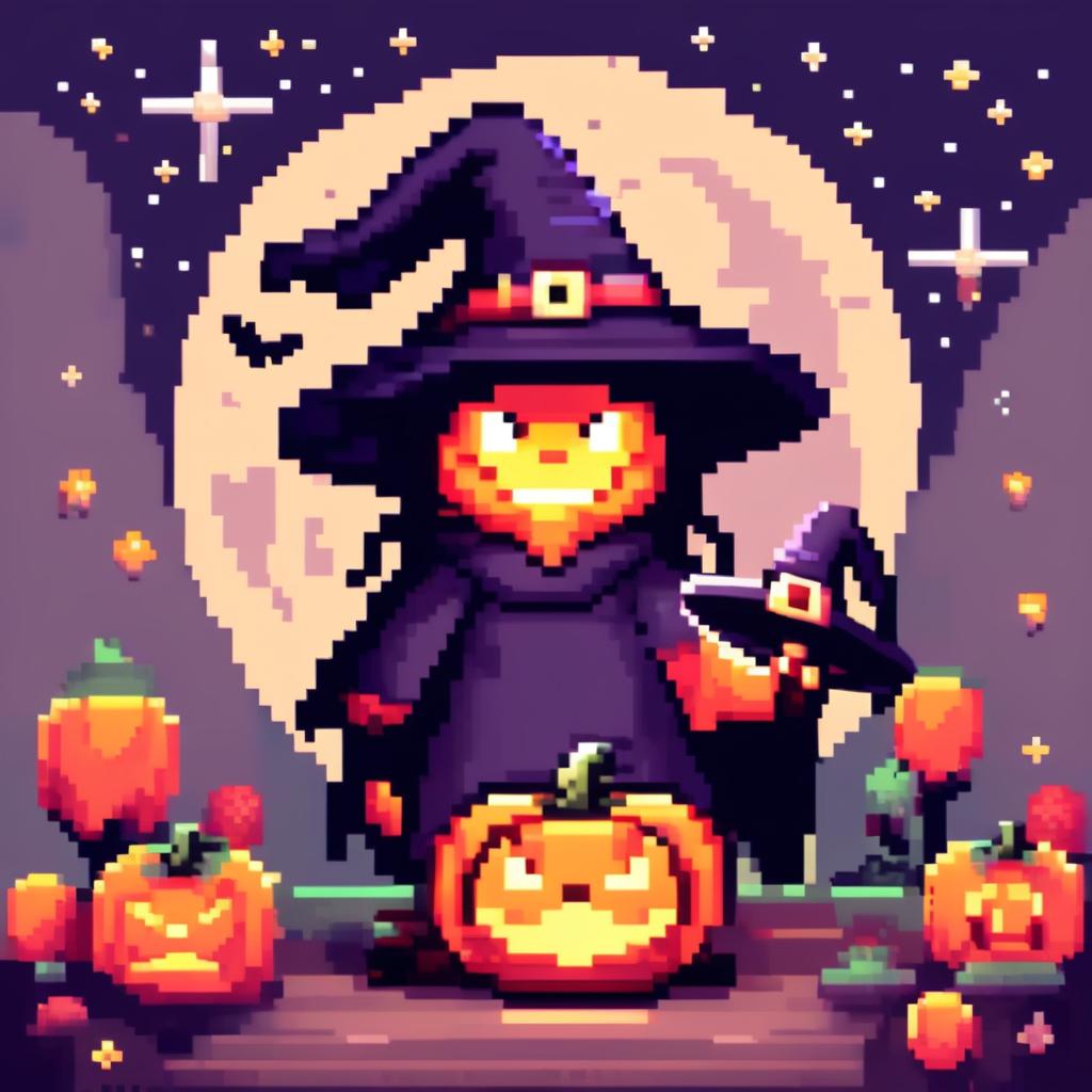 Pixel art PFP of a Halloween scene with a jack-o'-lantern, a witch's hat, and a full moon against a starry night sky.