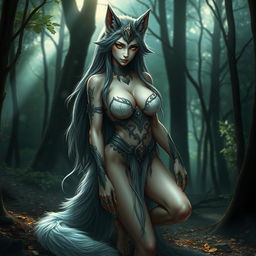 A strikingly beautiful wolf creature, resembling a captivating woman with large, prominent breasts that extend elegantly down to her legs