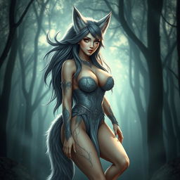 A strikingly beautiful wolf creature, resembling a captivating woman with large, prominent breasts that extend elegantly down to her legs