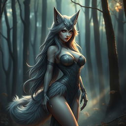 A strikingly beautiful wolf creature, resembling a captivating woman with large, prominent breasts that extend elegantly down to her legs