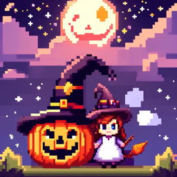 Pixel art PFP of a Halloween scene with a jack-o'-lantern, a witch's hat, and a full moon against a starry night sky.