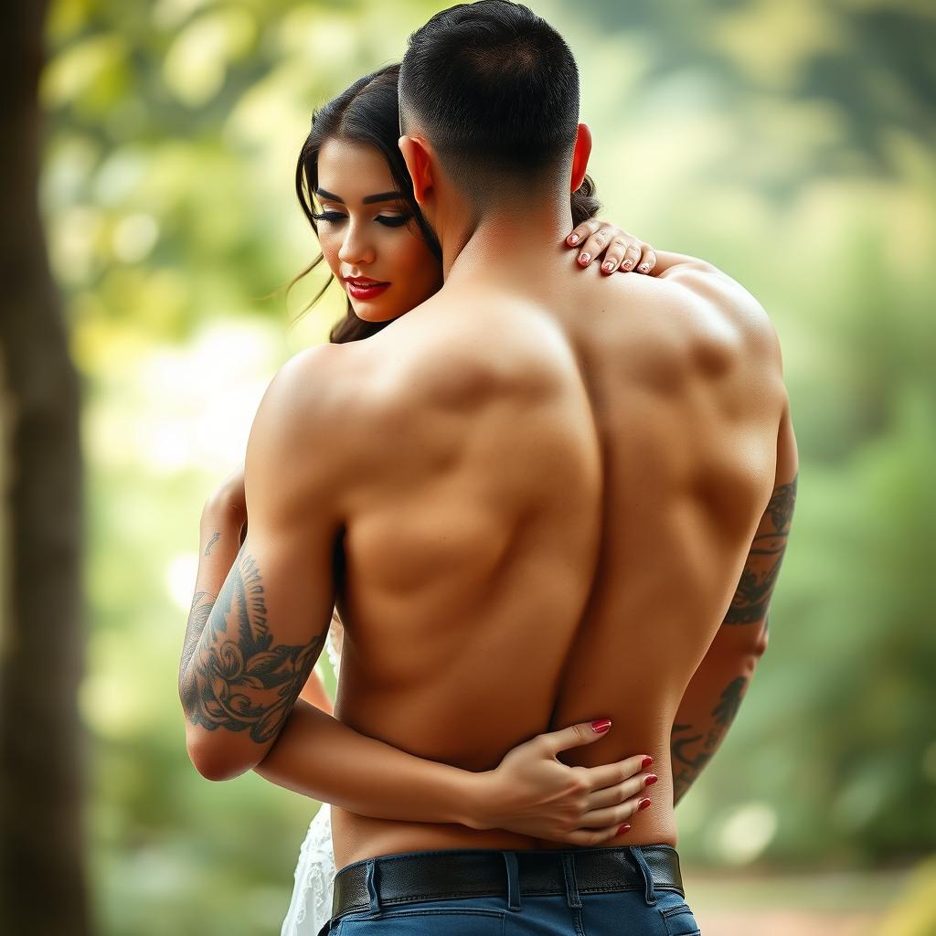 A demure brunette bride hugs a muscular tattooed man from behind, exuding a sense of warmth and affection