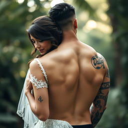 A demure brunette bride hugs a muscular tattooed man from behind, exuding a sense of warmth and affection