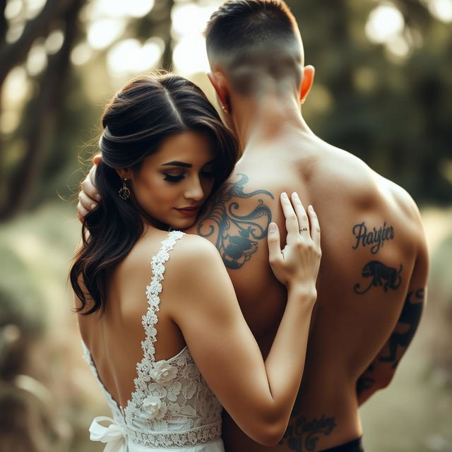 A demure brunette bride hugs a muscular tattooed man from behind, exuding a sense of warmth and affection