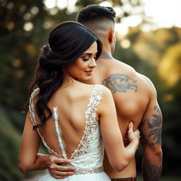 A demure brunette bride hugs a muscular tattooed man from behind, exuding a sense of warmth and affection