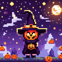 Pixel art PFP of a Halloween scene with a jack-o'-lantern, a witch's hat, and a full moon against a starry night sky.